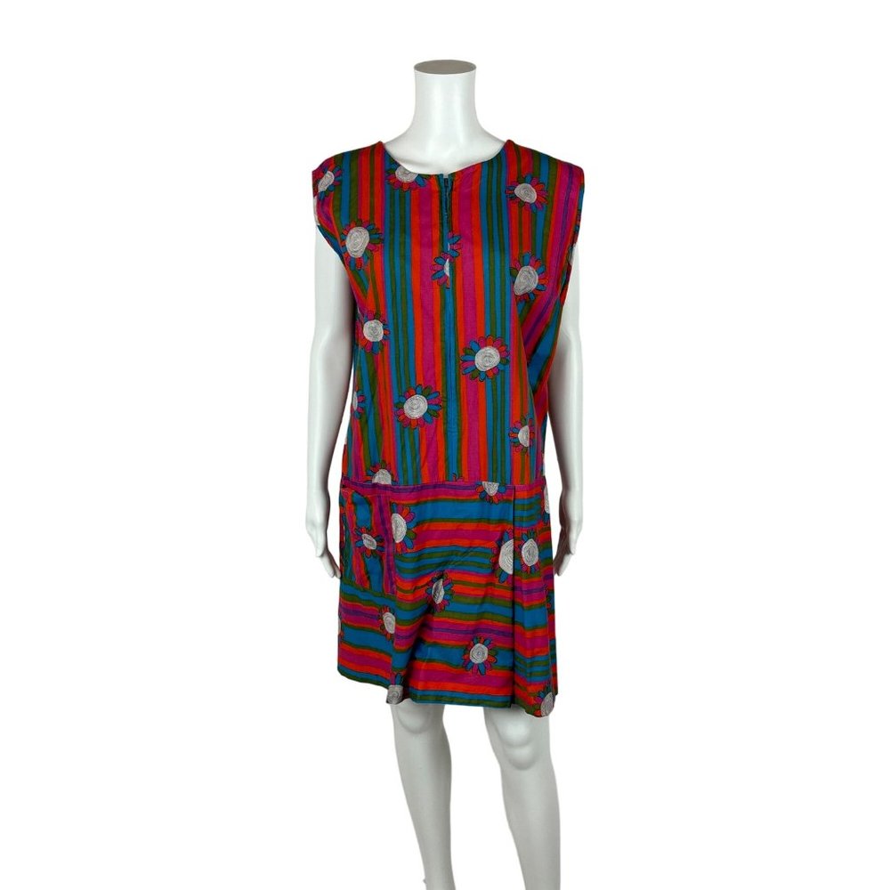 Vintage 60s Striped Romper Women's 1X Colorful Sleeveless Floral Zip Up Playsuit - Picture 11 of 11
